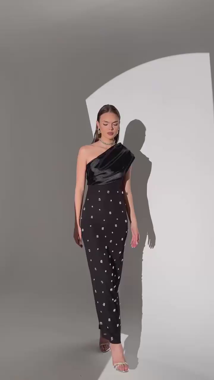 BLACK BODYCON DRESS WITH RHINESTONE WORK