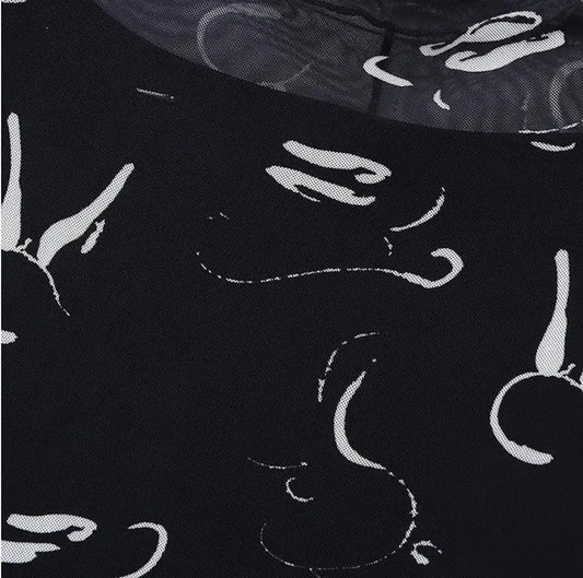MESH PRINTED LONG BLACK DRESS