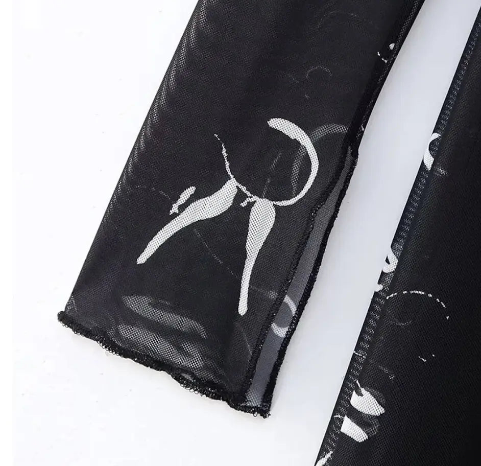 MESH PRINTED LONG BLACK DRESS