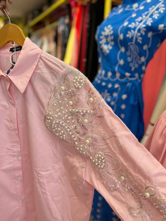 BEAUTIFUL PEARL WORK BABY PINK SHIRT