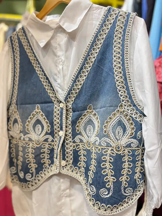 DEMIN WEST COAT WITH WHITE SHIRT