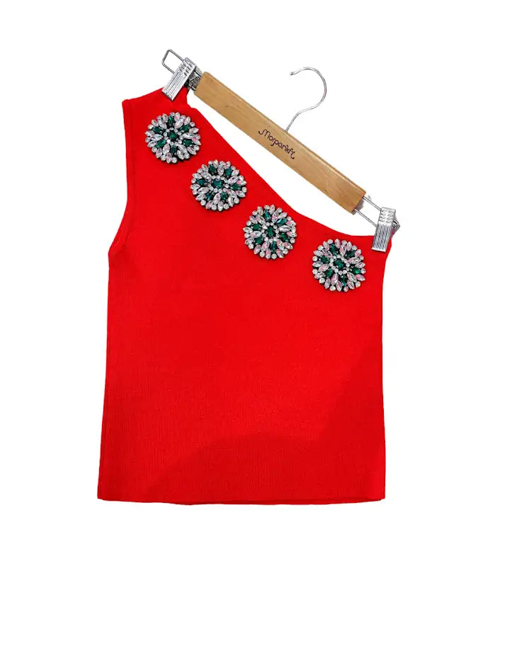 RED STONE ONE SHOULDER TOP