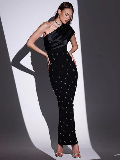 BLACK BODYCON DRESS WITH RHINESTONE WORK