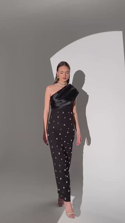 BLACK BODYCON DRESS WITH RHINESTONE WORK