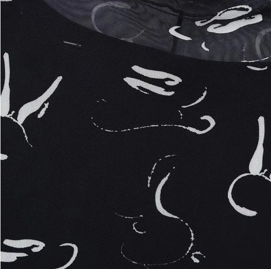 MESH PRINTED LONG BLACK DRESS