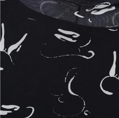 MESH PRINTED LONG BLACK DRESS