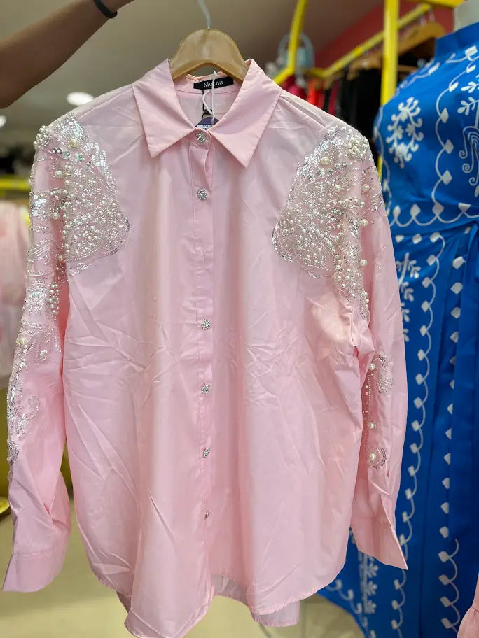 BEAUTIFUL PEARL WORK BABY PINK SHIRT