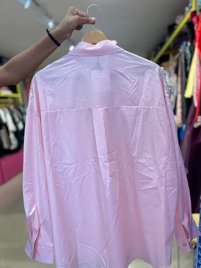 BEAUTIFUL PEARL WORK BABY PINK SHIRT