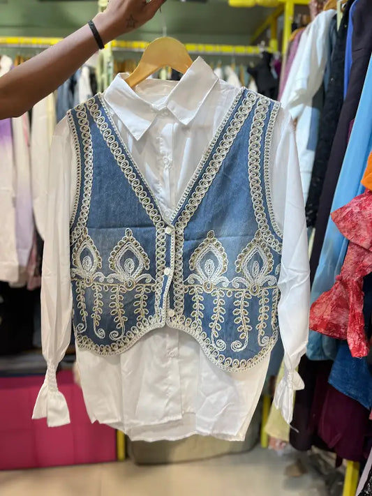 DEMIN WEST COAT WITH WHITE SHIRT