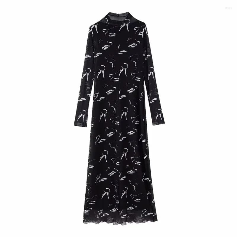 MESH PRINTED LONG BLACK DRESS