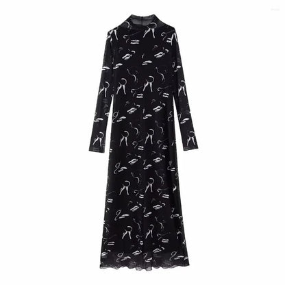 MESH PRINTED LONG BLACK DRESS