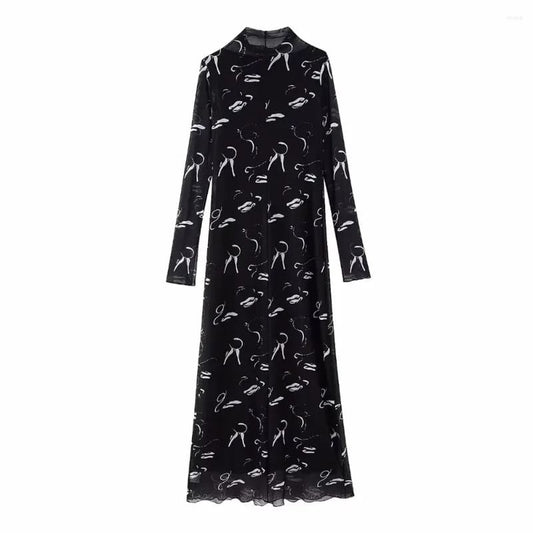 MESH PRINTED LONG BLACK DRESS